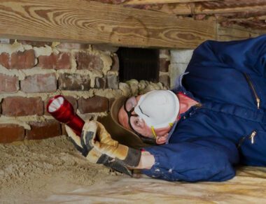 A home inspector in the crawlspace of a home to illustrate how long does a home inspection take